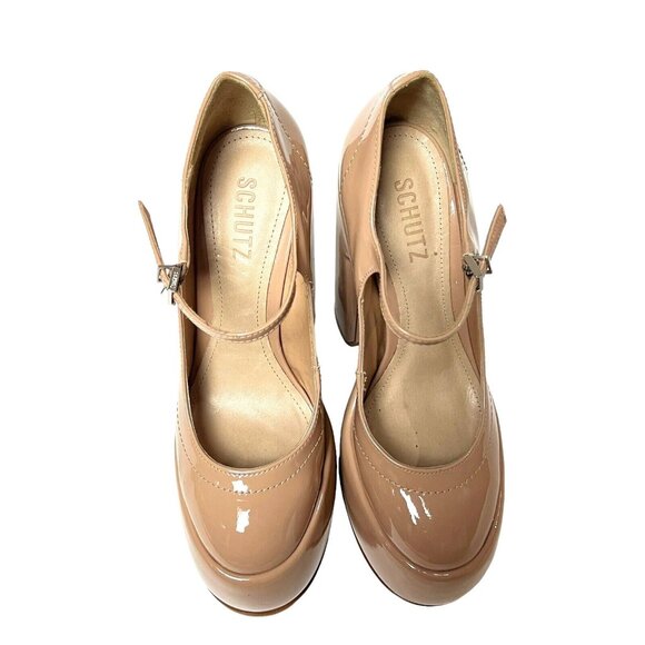 SCHUTZ Zayne Mary Jane Heels Size 7.5 Platform Chunky Pump Patent Pressego Tan - Picture 12 of 16